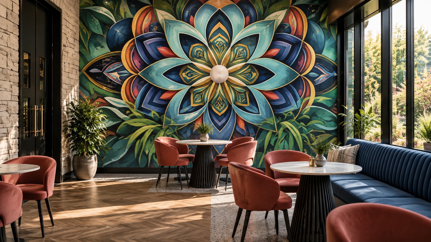 Colourful printed mandala mural in a restaurant seating area