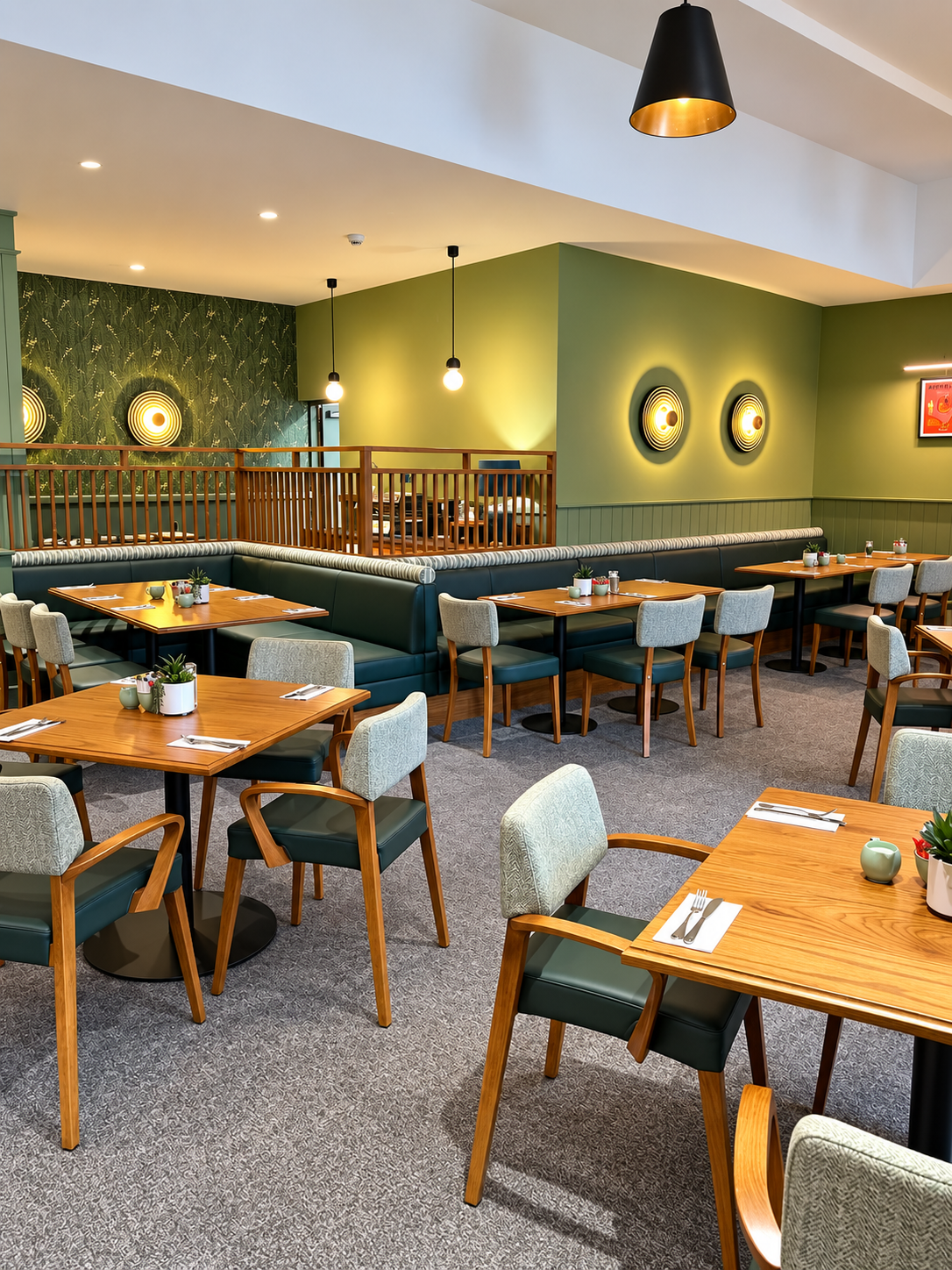 Restaurant interior with botanical wallcovering, green seating and warm lighting