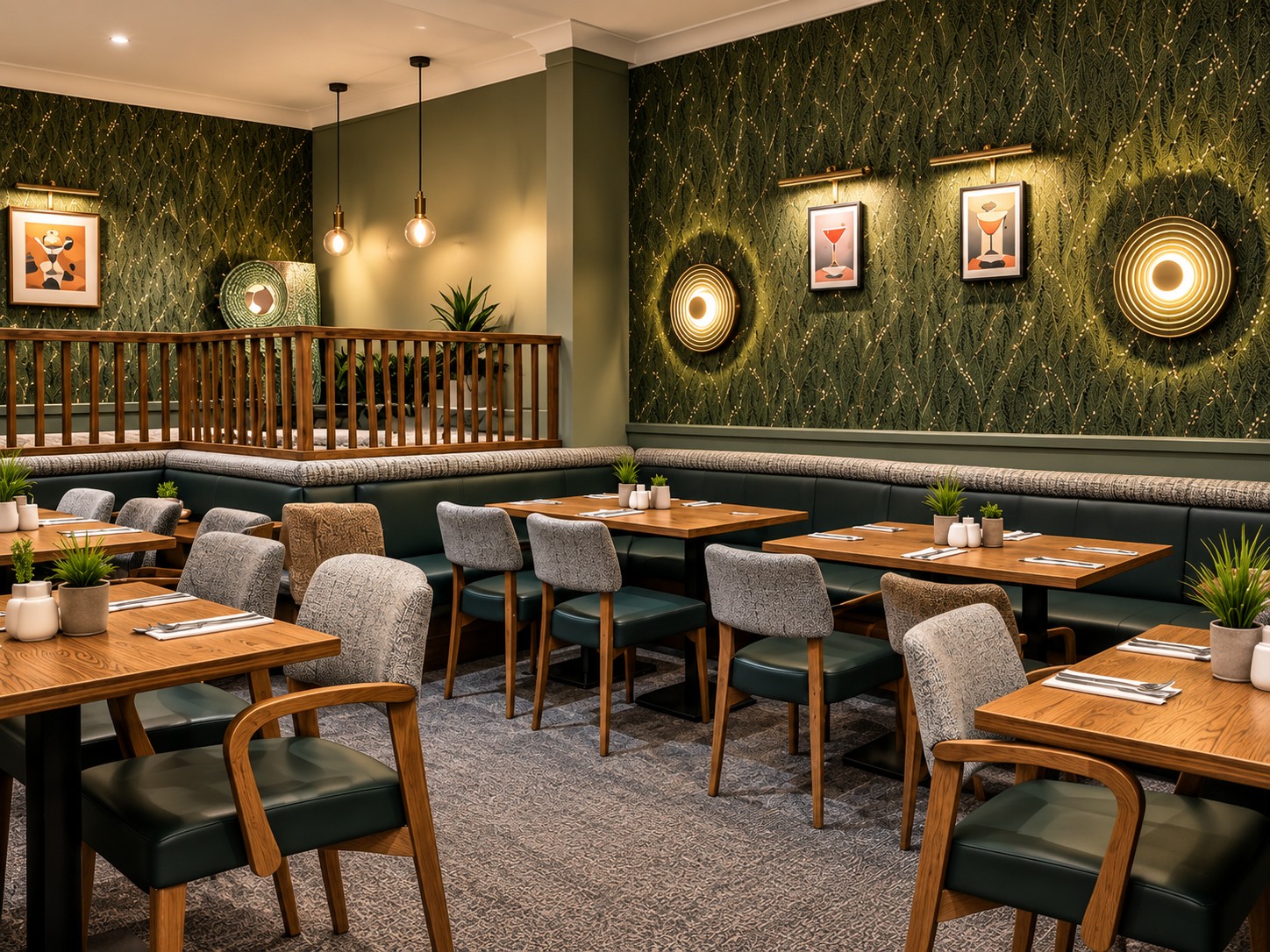 Restaurant dining room with botanical wallcovering